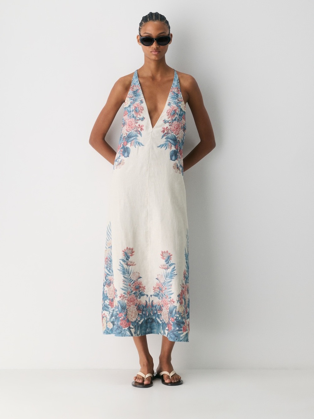 Aritzia Little Moon Mural Halter Linen Dress in Matte Pearl/Tropical Small NWT